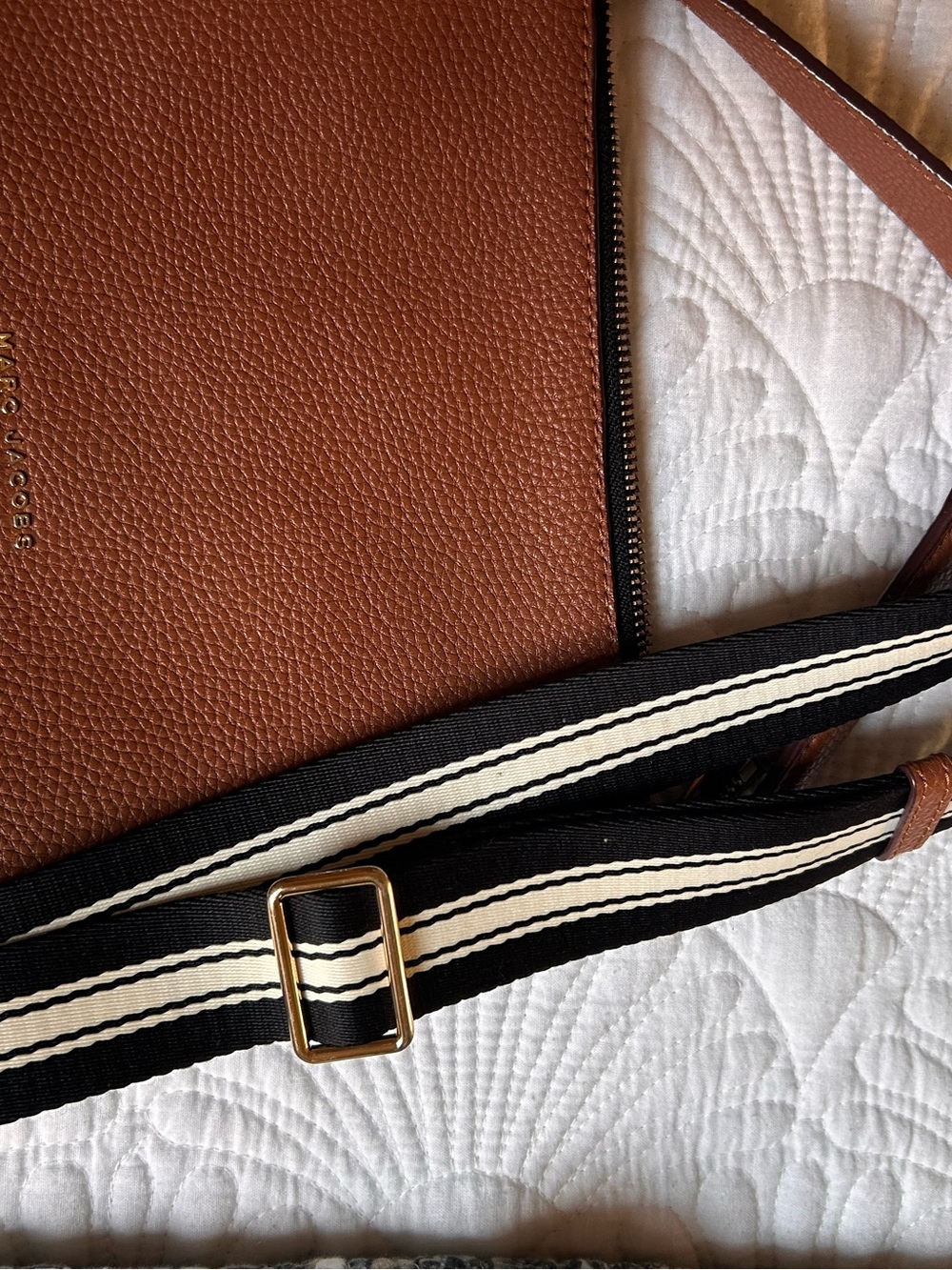 Marc Jacobs Pebbled Brown Leather Crossbody with Striped Webbing Strap - Picture 2 of 3